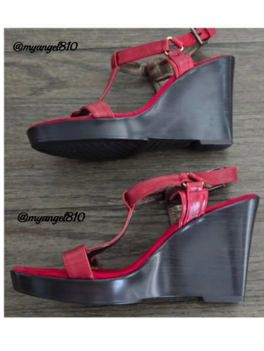 AEROSOLES Red Leather T-Strap Wedge Sandals with Black Wedge Sole, Size 9.5